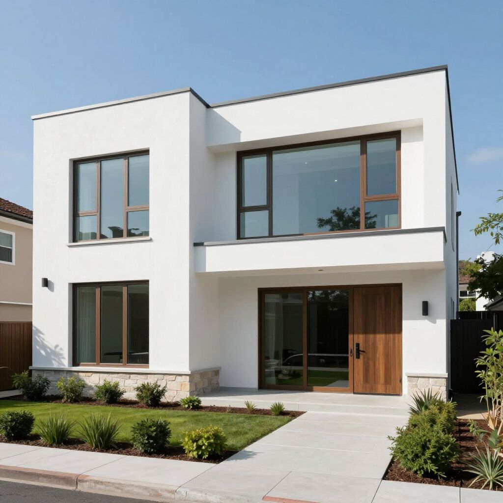 A two-story, modern white house with large brown-framed windows, a wooden front door, and a manicured front lawn.