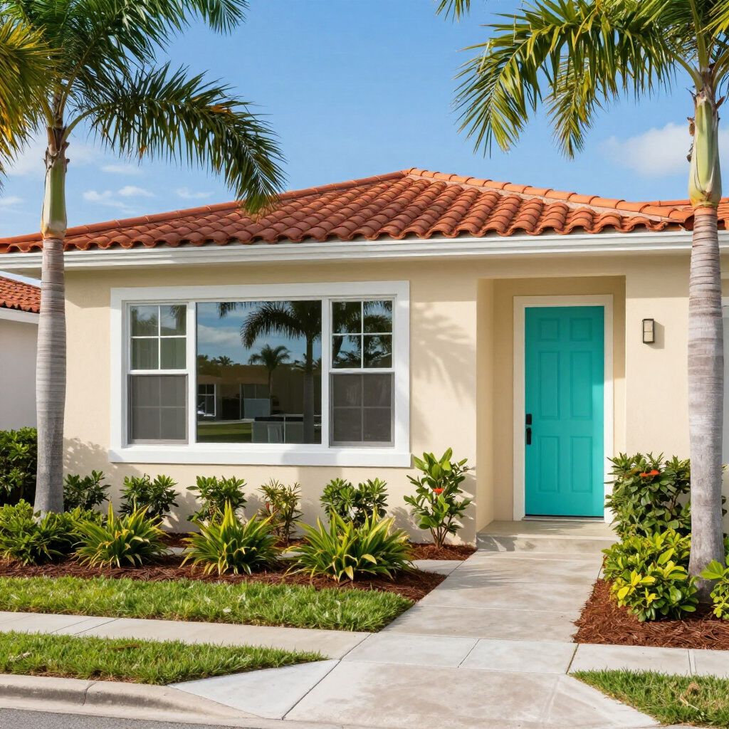 A one-story beige house with a bright turquoise front door, a terracotta-tiled roof, and palm trees in the front yard.