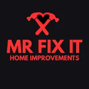 Red logo of "Mr Fix It Home Improvements" with crossed hammers forming a heart shape on a black background.