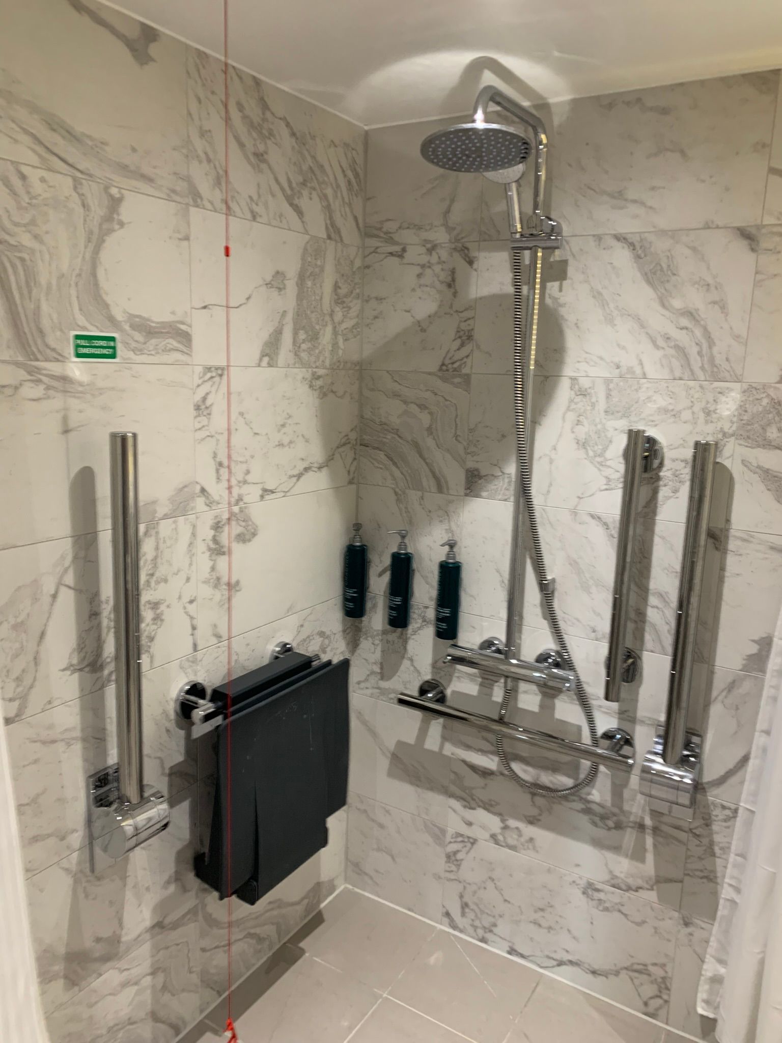 A large shower head sits above a smaller one on a pole on a marble-tiled wall. The wall also holds three green bottles with pump lids. To the right of the shower is a grab rail. To the left in a pull-down seat and another grab rail. 