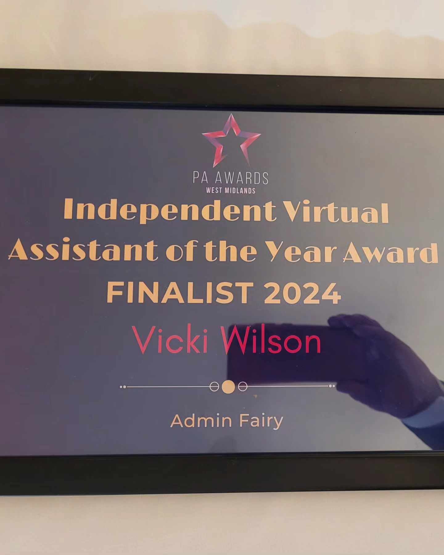 Award plaque with 'Independant Virtual Assistant of the Year Award' Finalist 2024 engraved onto it. 