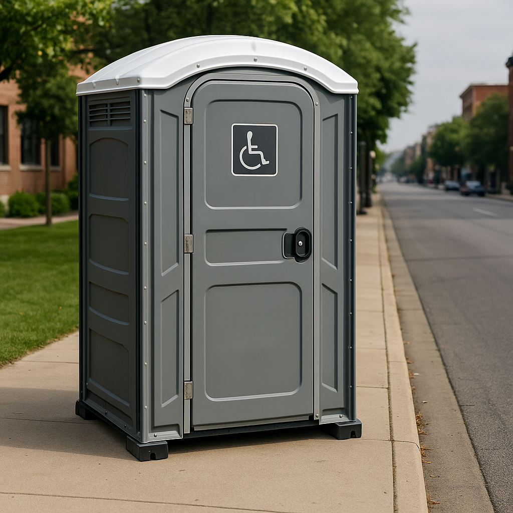 A portable toilet with a handicapped person in a wheelchair on the door.
