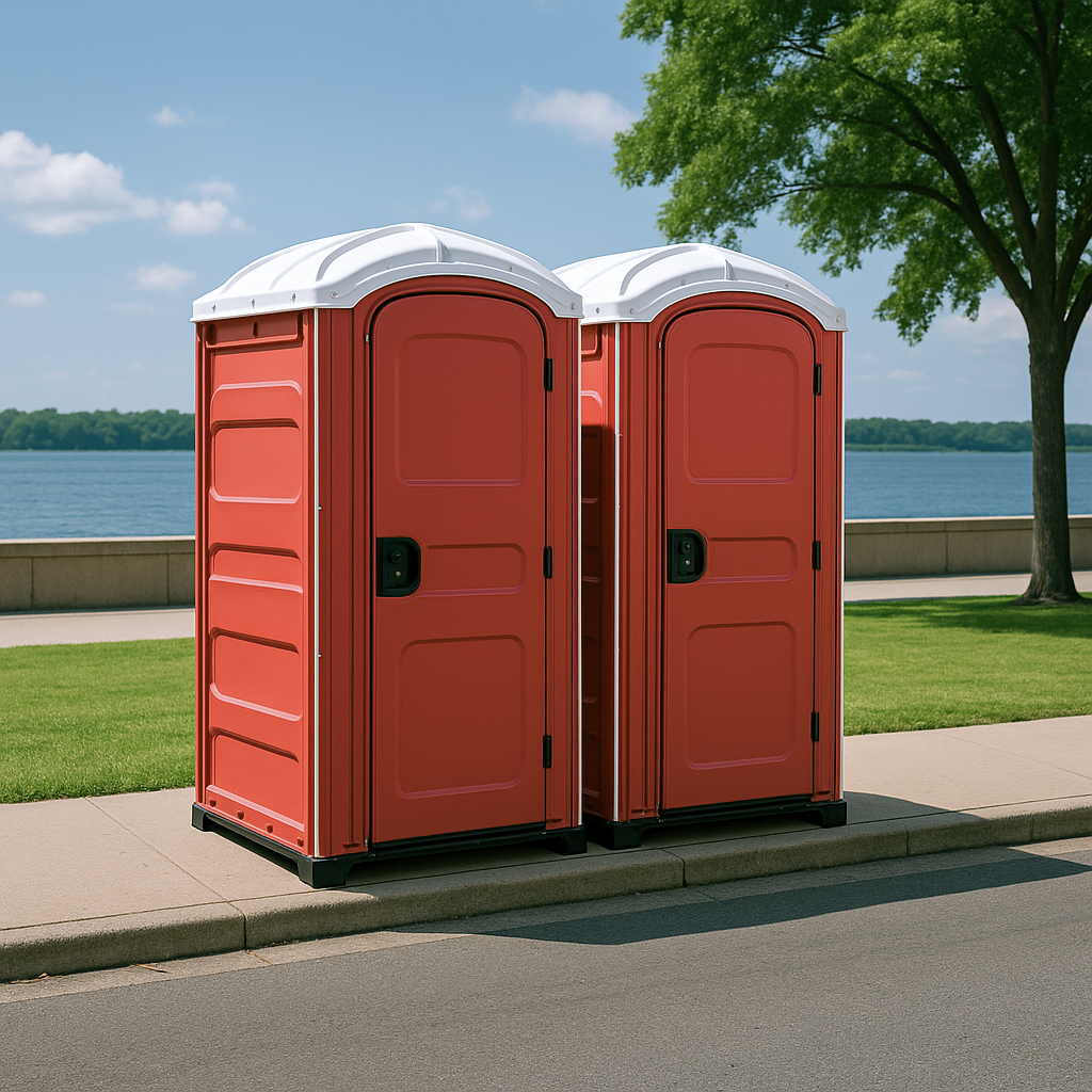A black and white drawing of a portable toilet with a door.