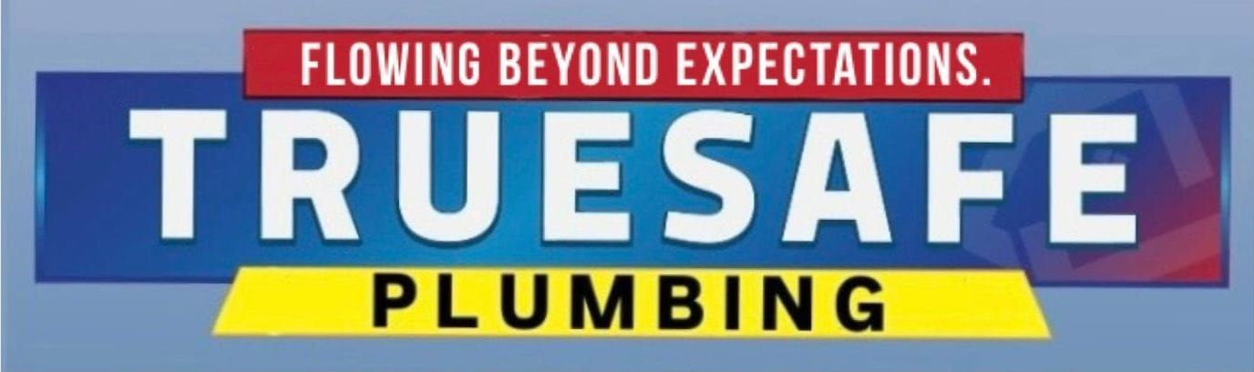 A truesafe plumbing logo on a blue background