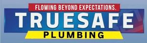 A truesafe plumbing logo on a blue background