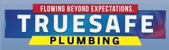 A truesafe plumbing logo on a blue background