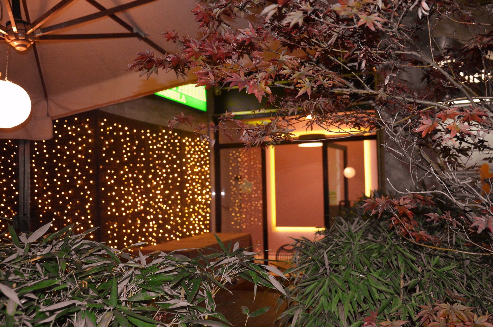 Un edificio con molte luci e un albero di fronte.