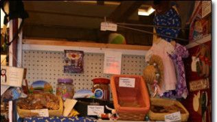 A store display with baskets and jars on it