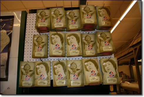 A bunch of boxes with a picture of a woman on them
