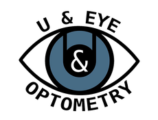 U & Eye Optometry logo with an eye icon and stylized “U & Eye” text in black and blue