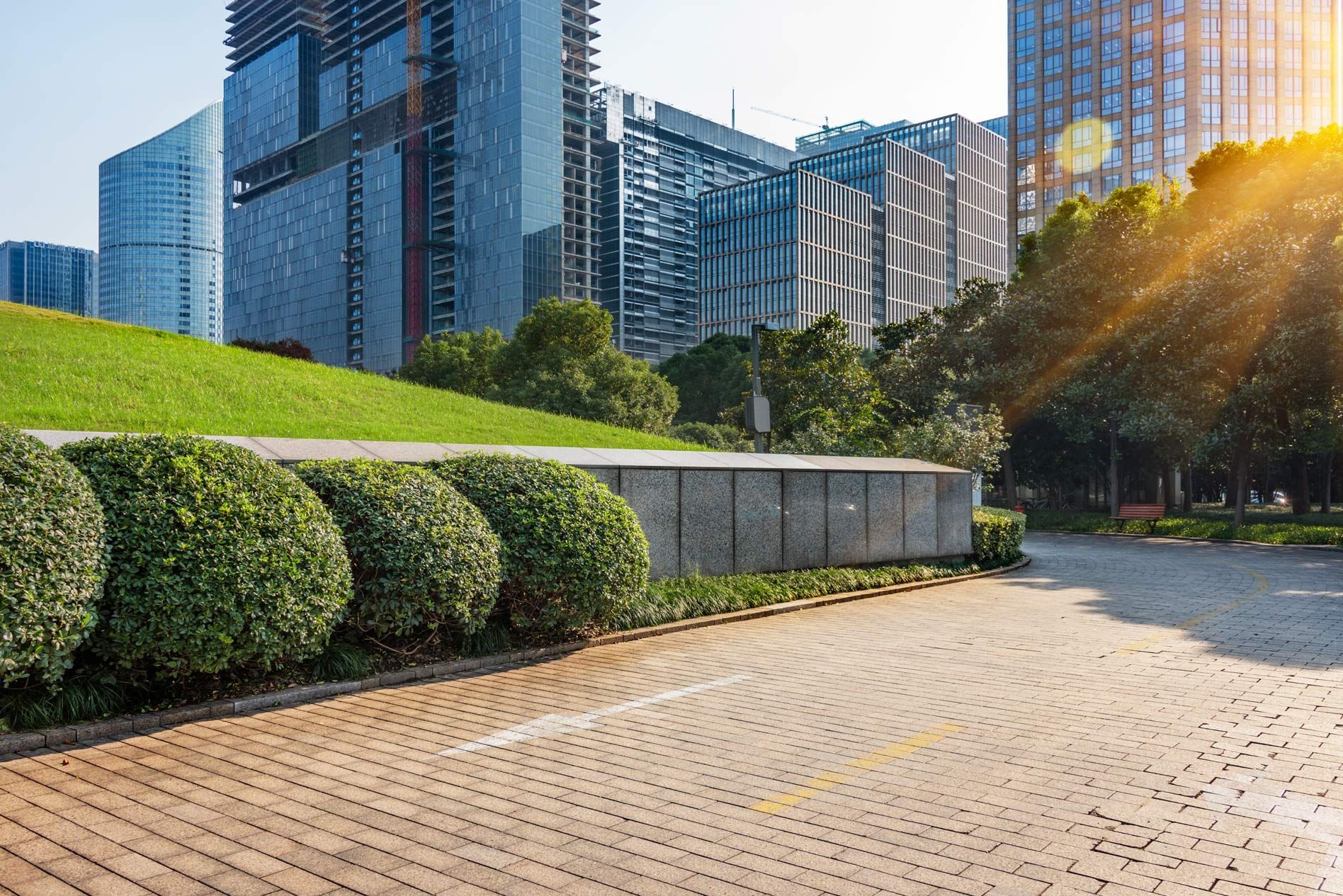 City park with brick walkway, green lawn, rounded bushes, and modern buildings.