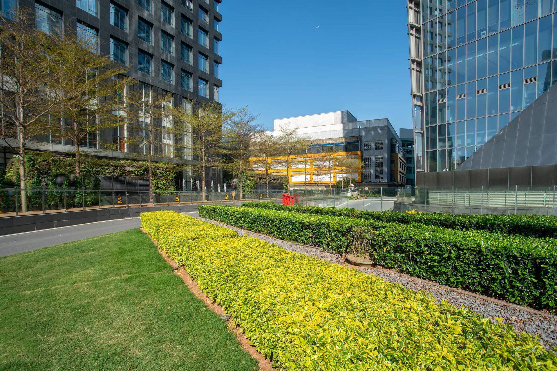 Green lawn and flower beds between modern buildings under a blue sky.