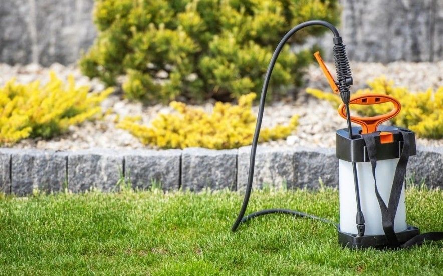 Manual sprayer on green grass in front of landscaped garden with shrubs and a stone border.