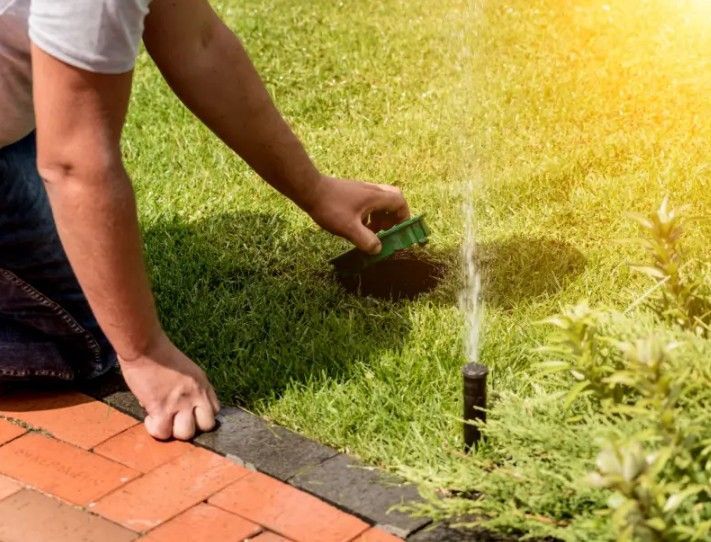 Man kneeling, adjusting a lawn sprinkler in a green yard near a brick border. Sunlight is present.