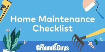 Home maintenance checklist with tools and blue background.