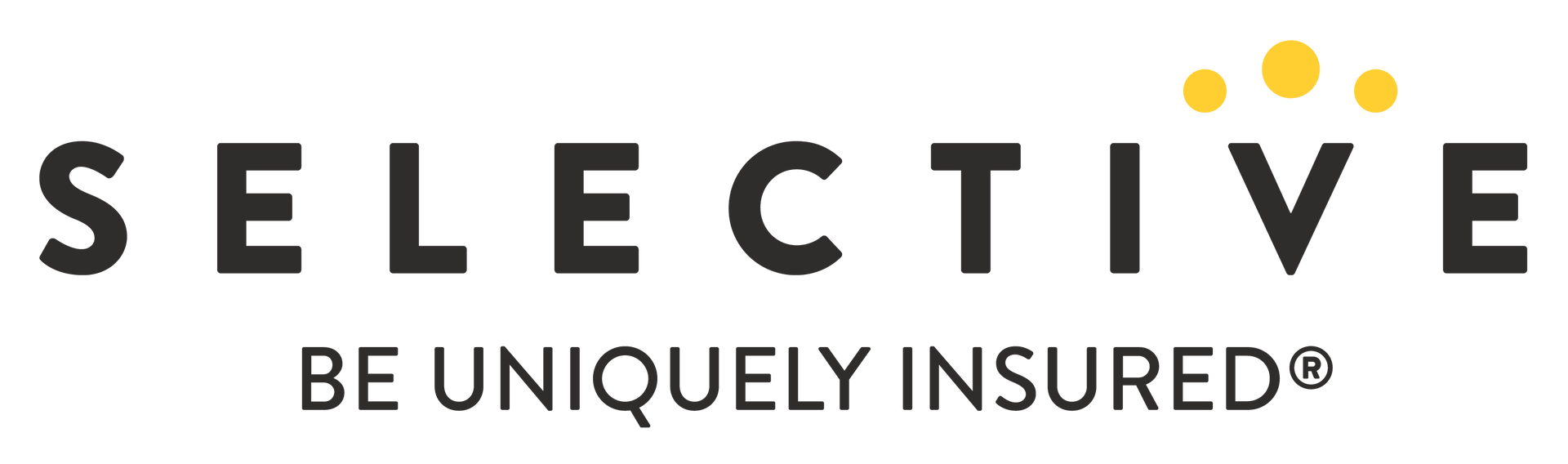 The logo for Selective Insurance Company, featuring black text with three yellow circles above the letter 'V'.