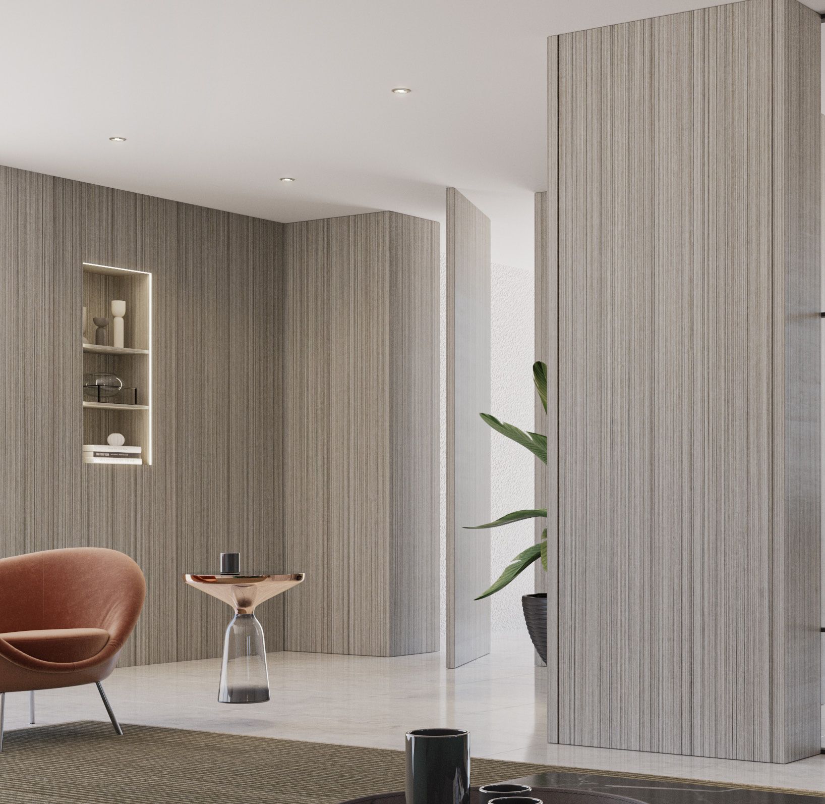 En stue med en stol et bord og en plante