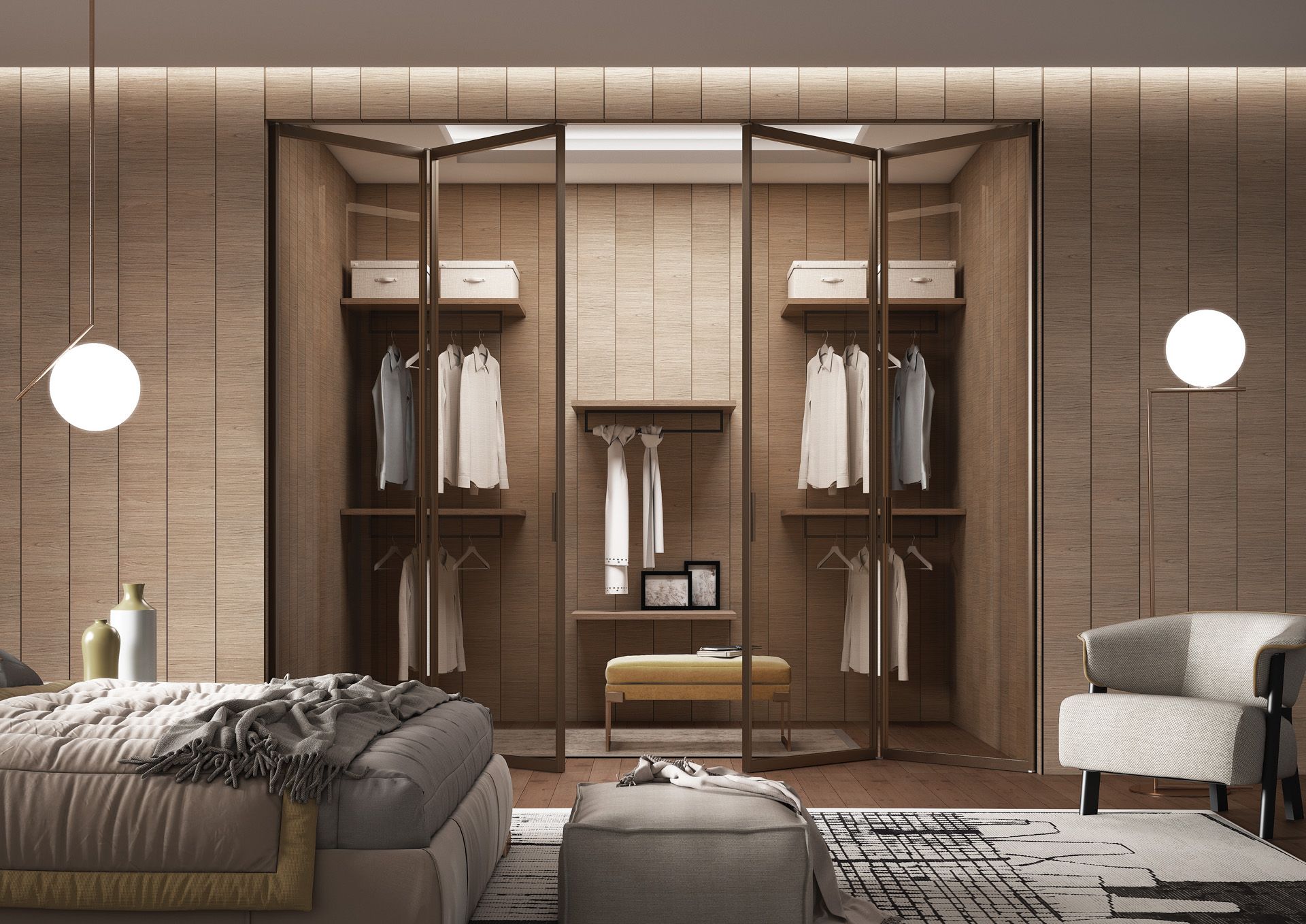 Et soverom med walk in closet og seng.