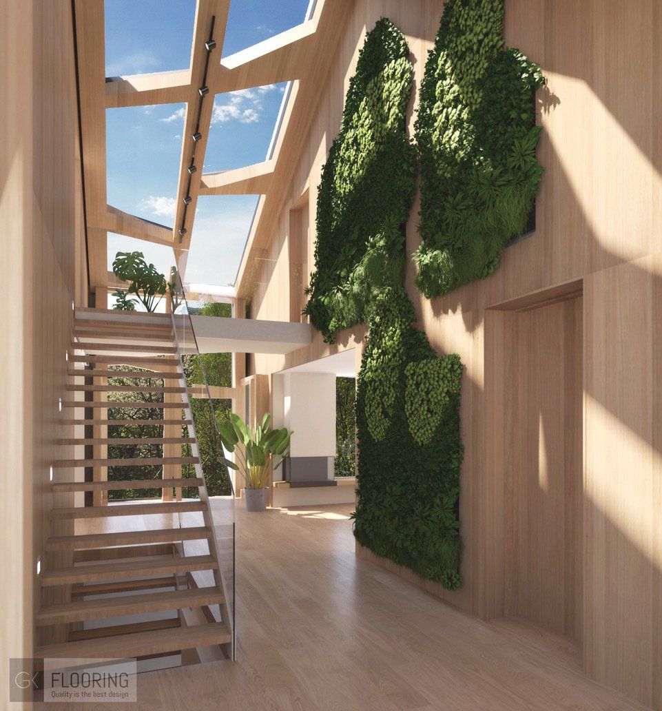 Et kunstnerinntrykk av en gang med trapper og en grønn vegg