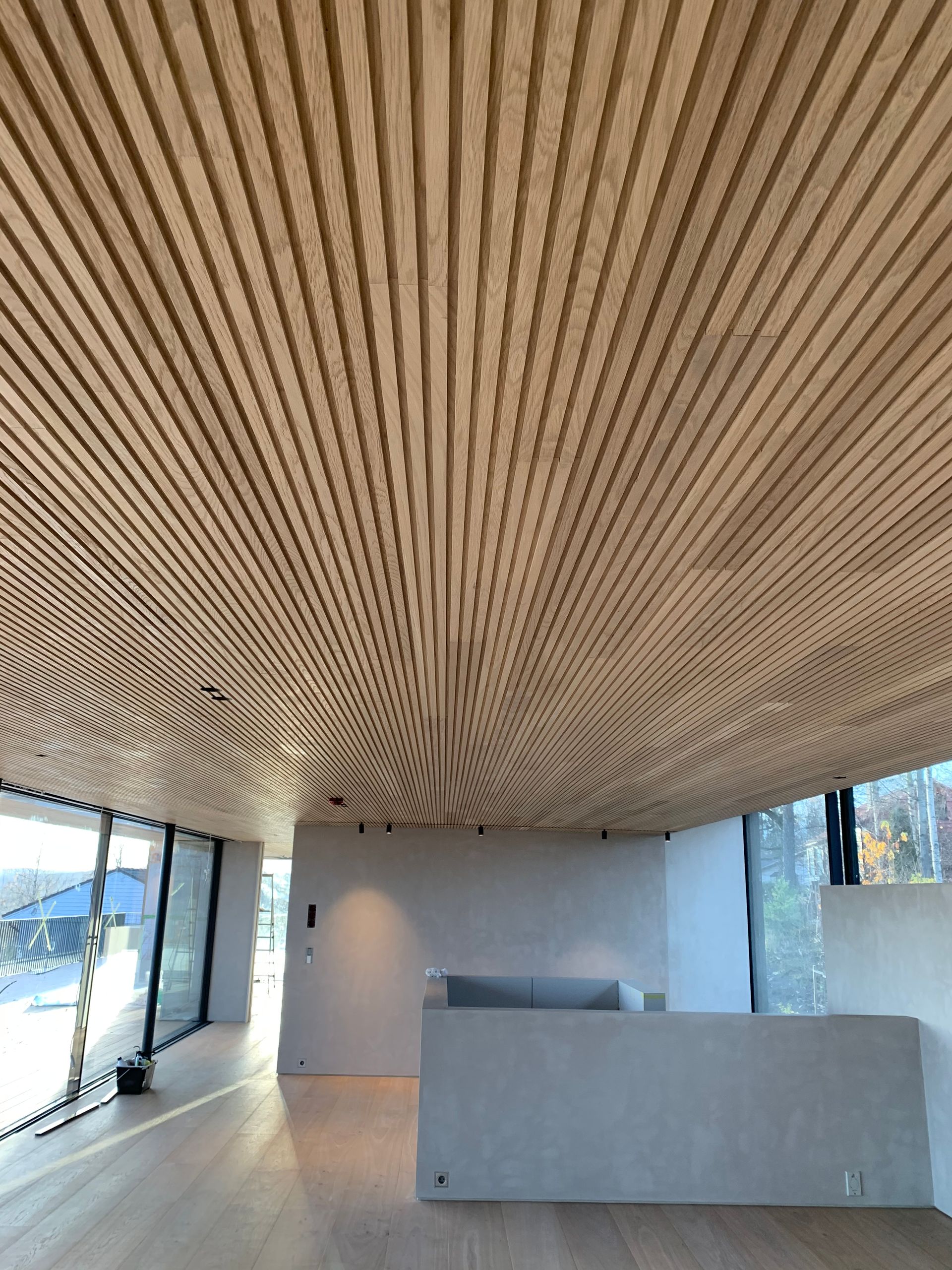 Et rom med tretak og mange vinduer.