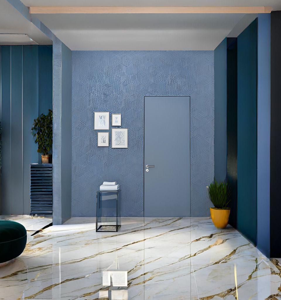 En stue med blå vegger og marmorgulv