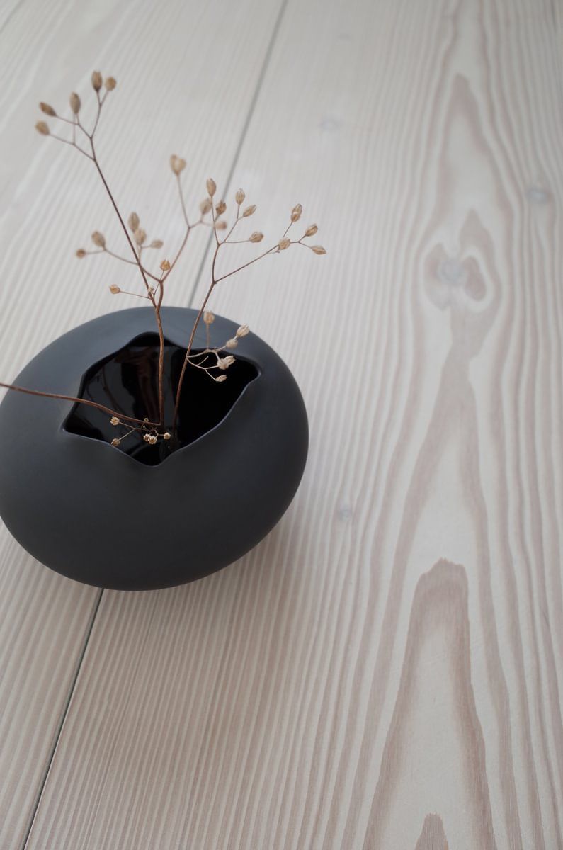 En svart vase med en plante i står på et trebord.