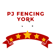 A logo for pj fencing york with a red ribbon and stars