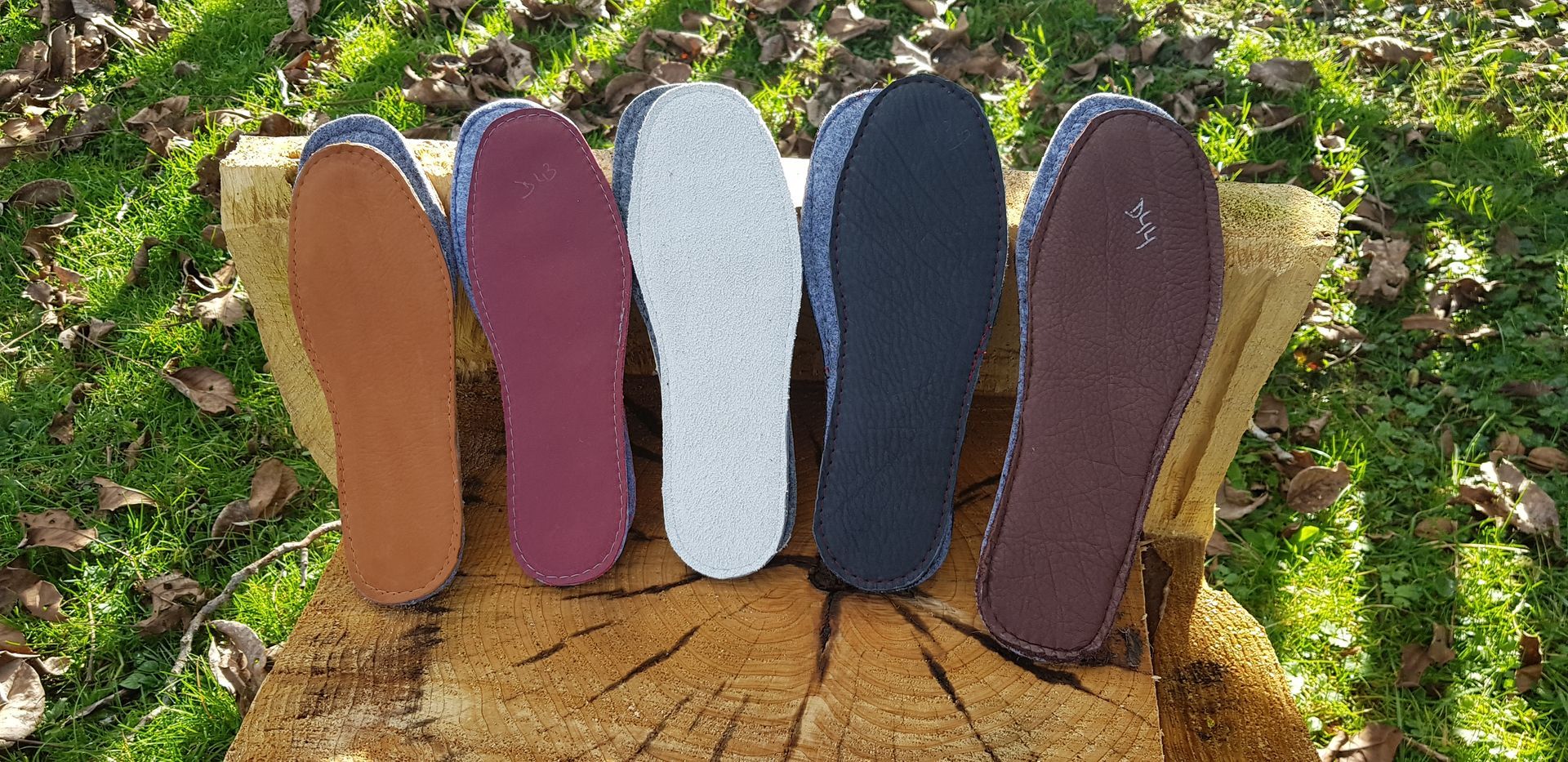 Un groupe de pantoufles est posé au sommet d’une souche d’arbre.