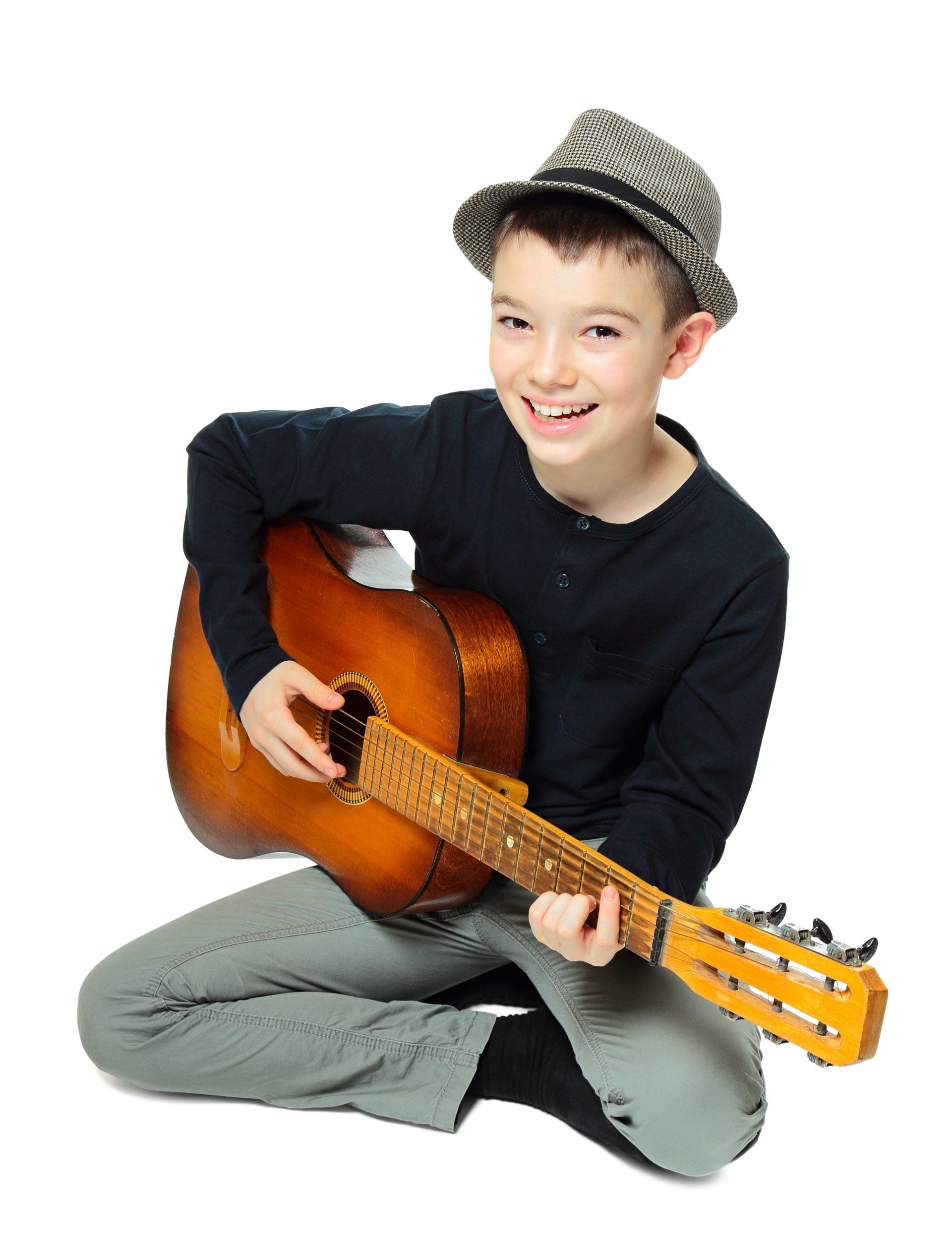 boy playing guitar on white background