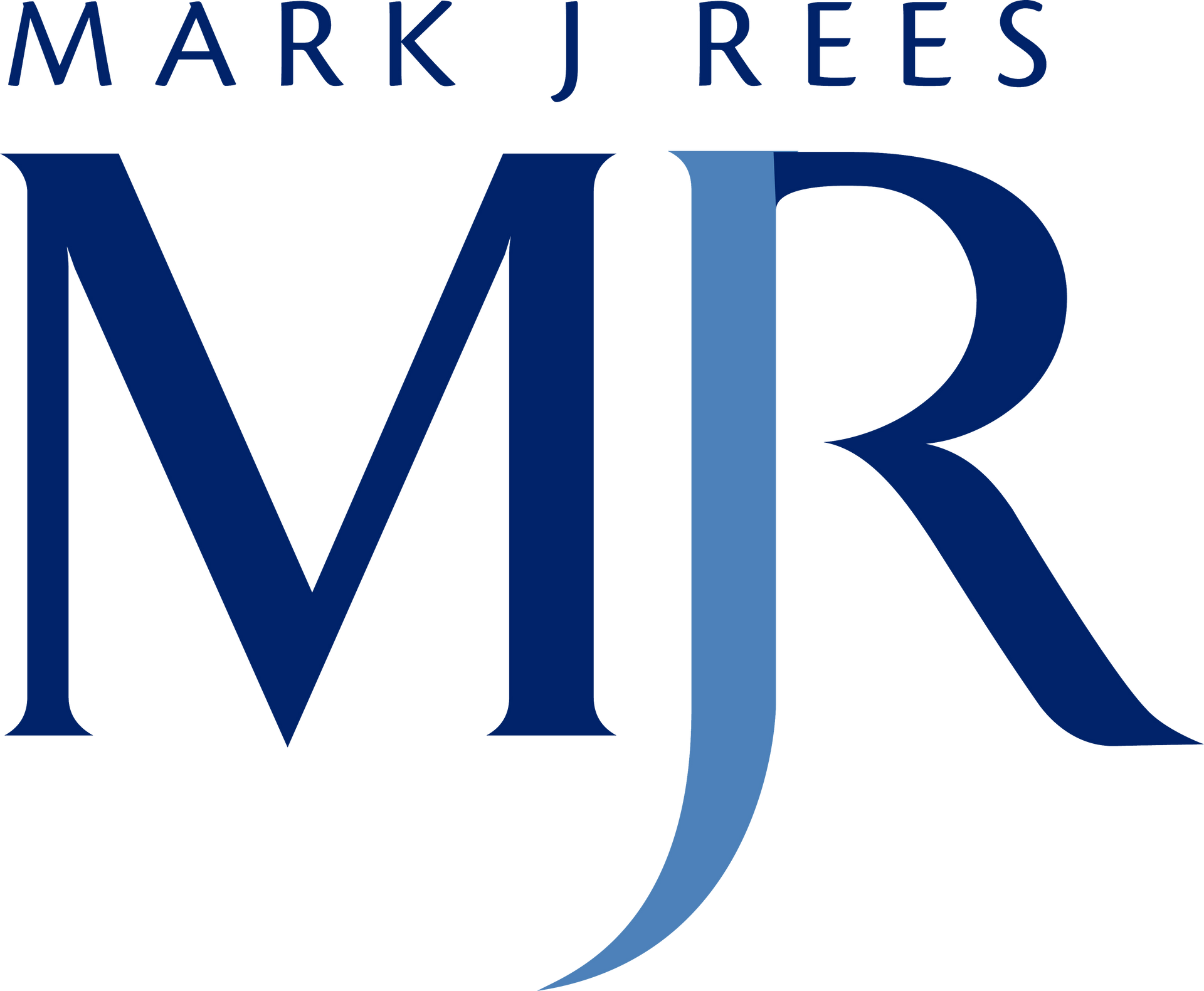 A blue and white logo for mark j rees