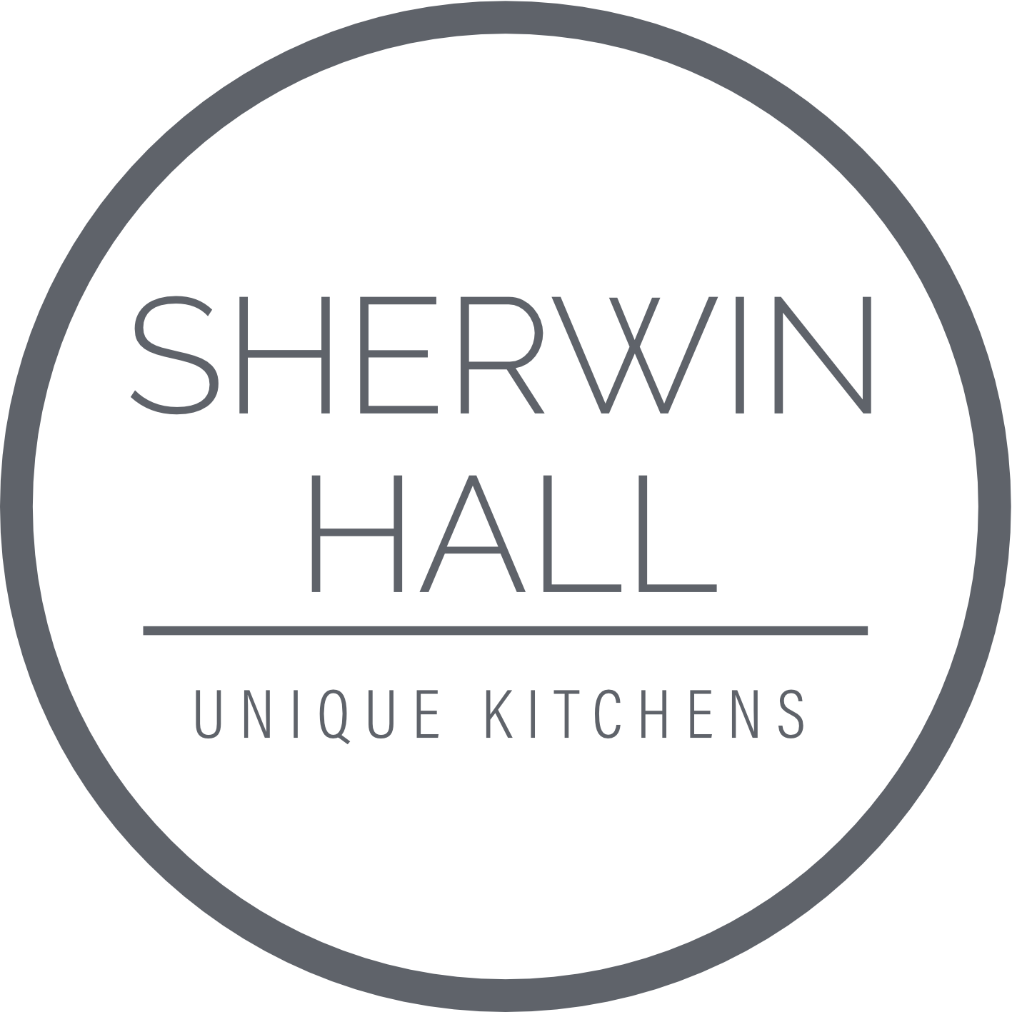 A logo for sherwin hall unique kitchens on a gray background