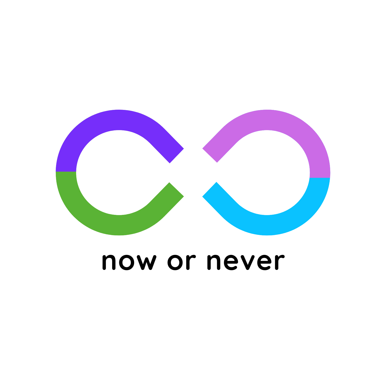 A logo for a company called now or never the words are below a colourful infinity symbol