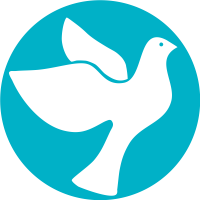 A white dove is flying in a blue circle.
