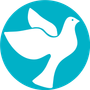 A white dove is flying in a blue circle.