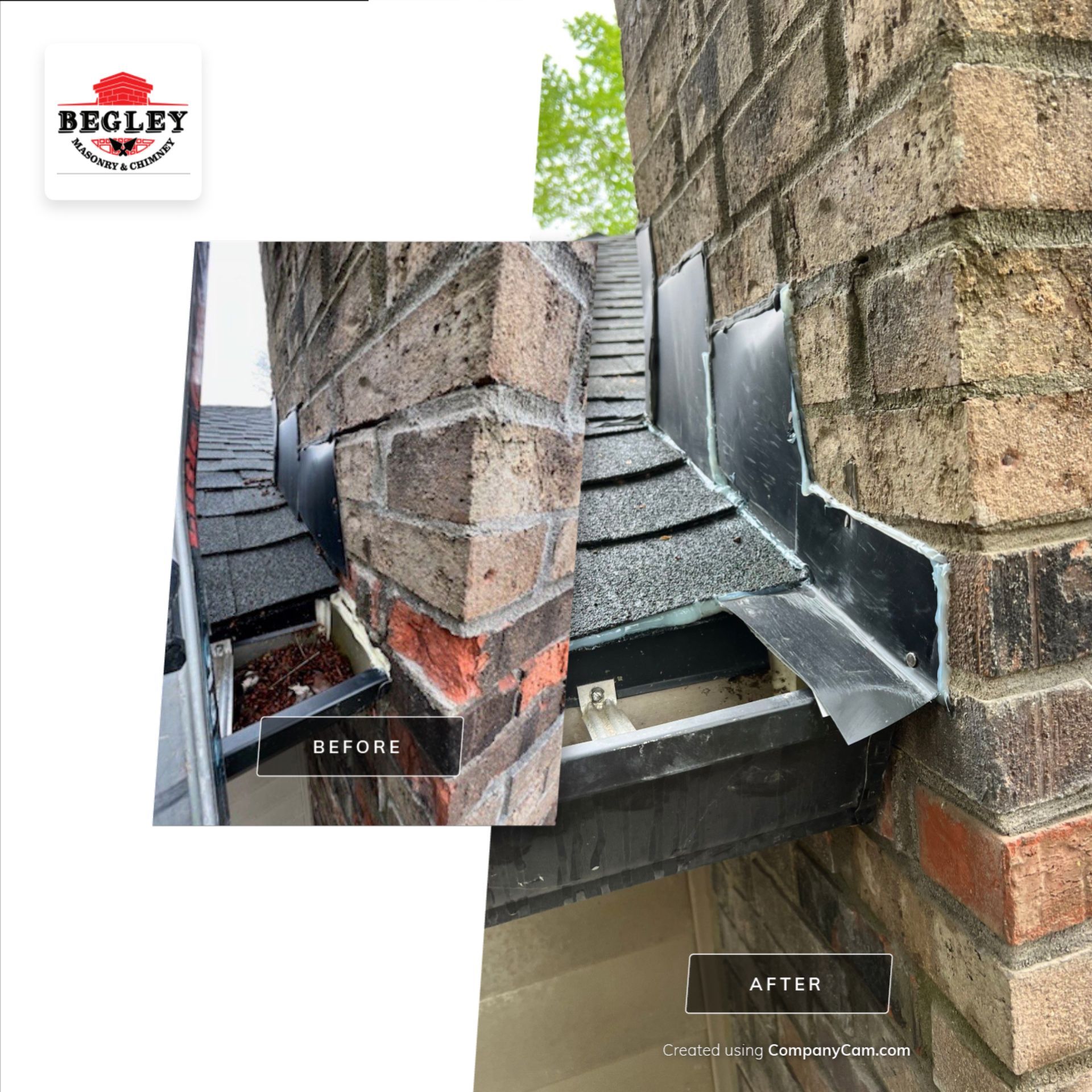 A before and after picture of a brick wall with a gutter on it.