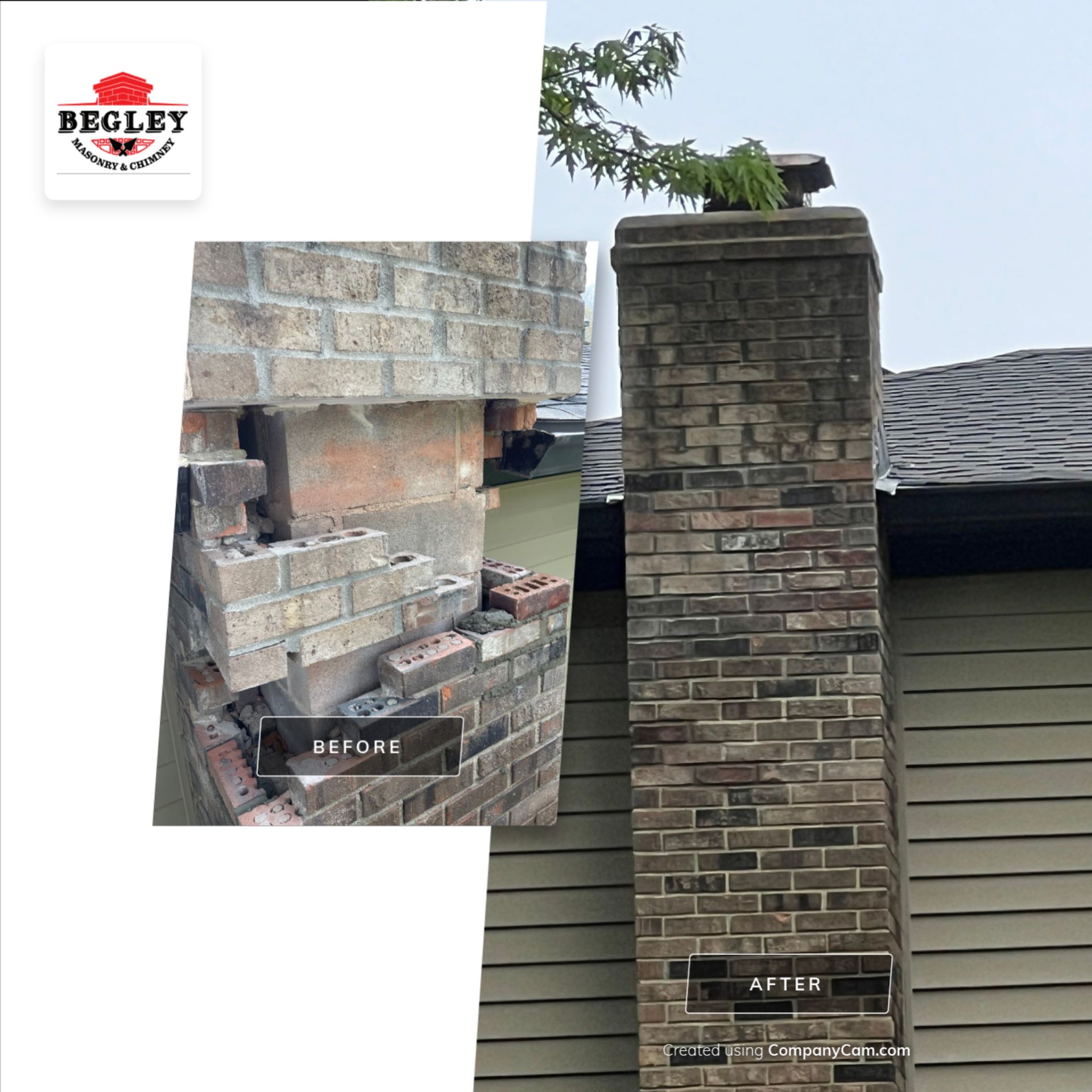 A before and after picture of a brick chimney on a house
