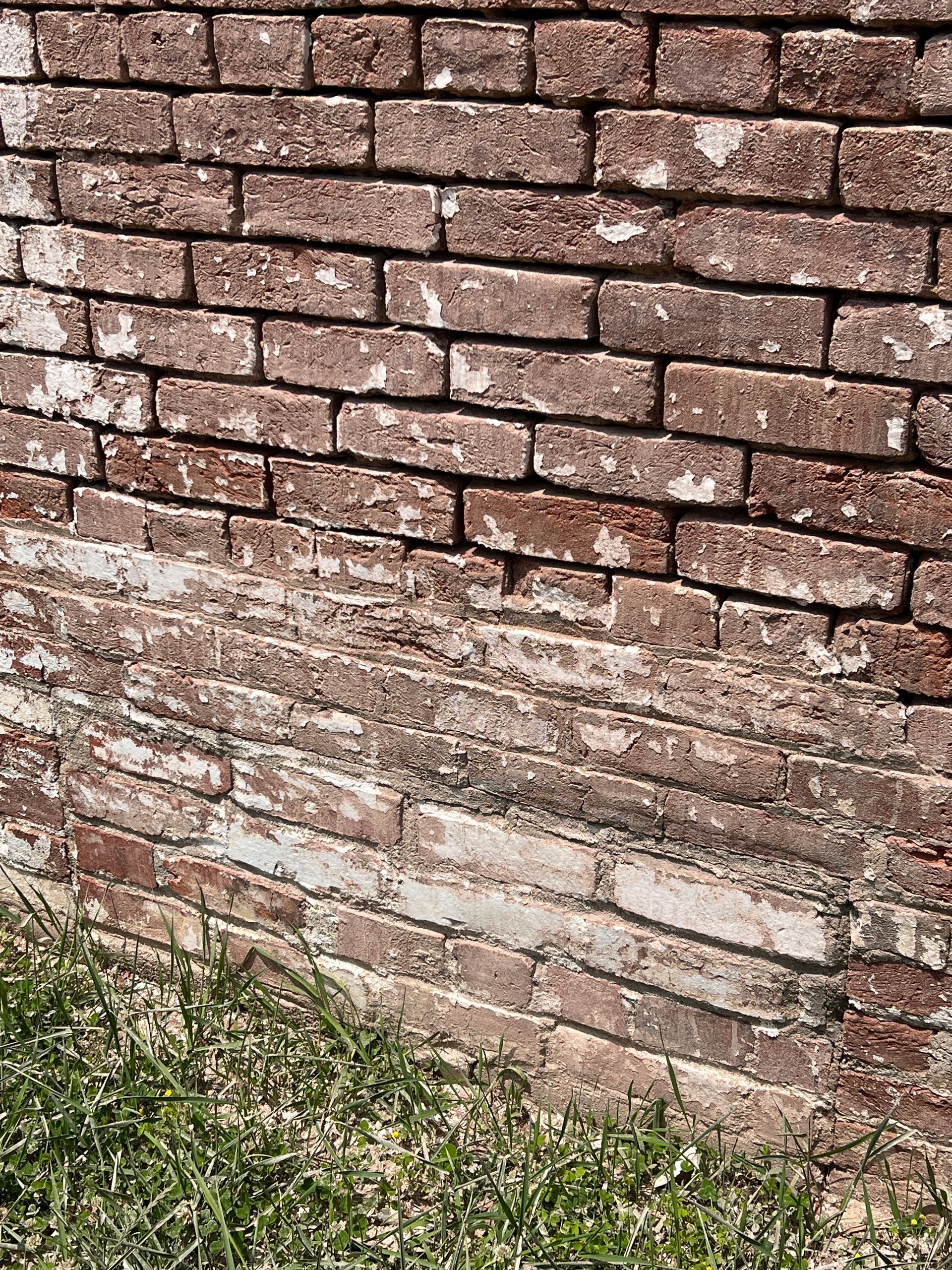 A close up of a brick wall with grass in the background.