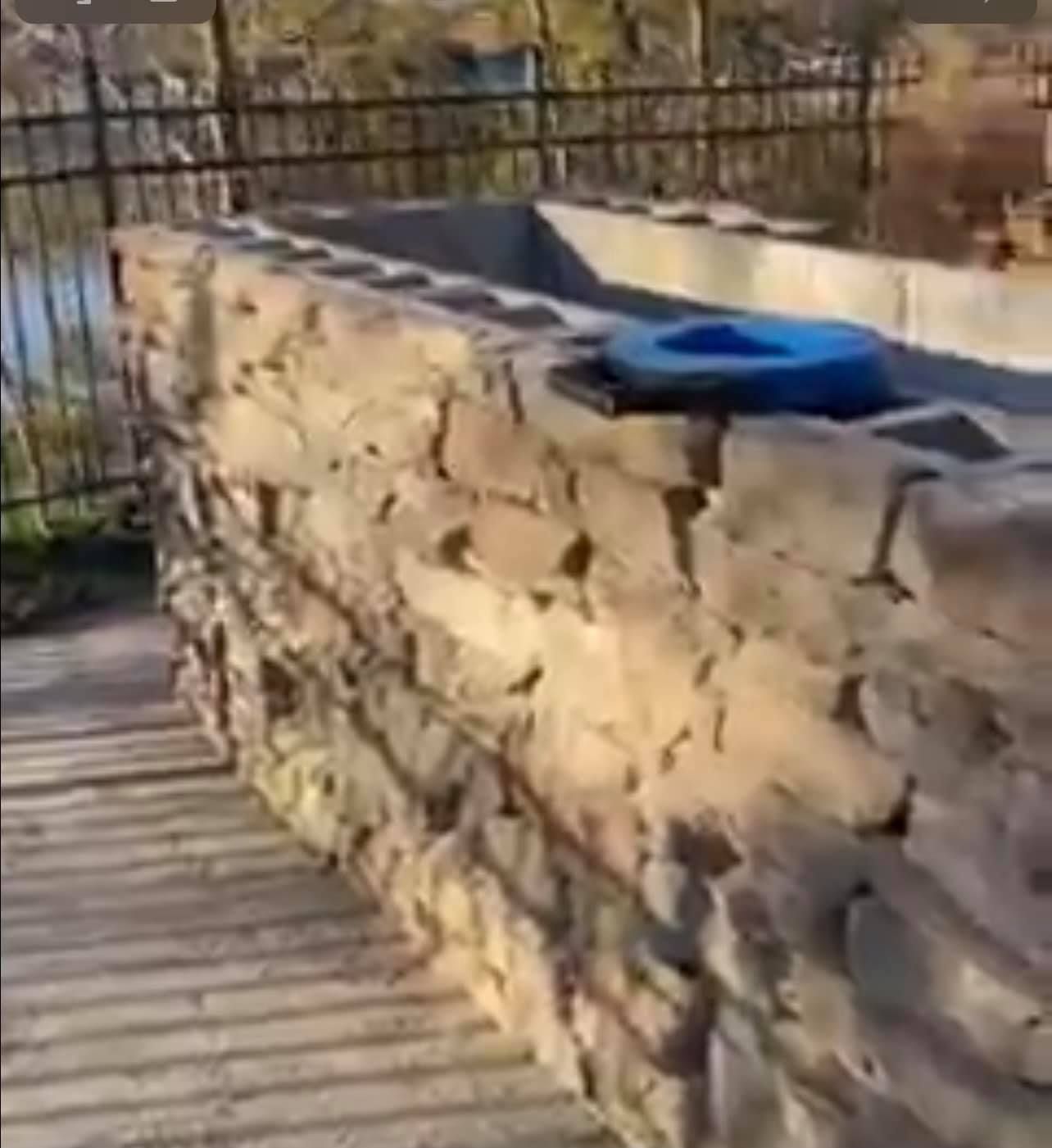 A stone wall with a blue trash can on top of it.