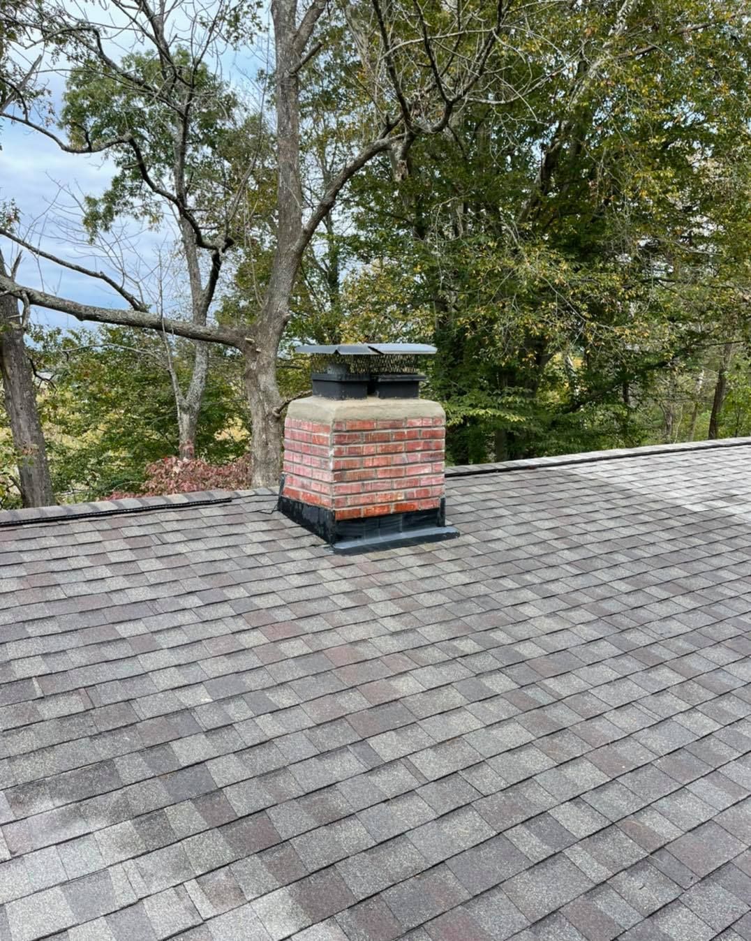 A chimney on top of a roof with trees in the background.