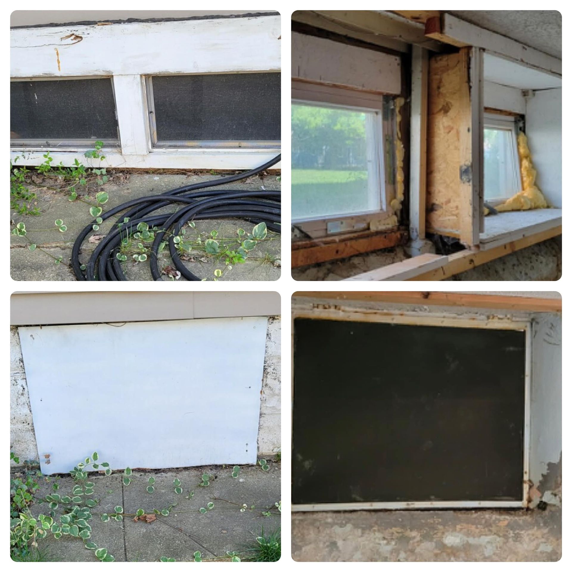 A collage of four pictures of a garage door and a window.