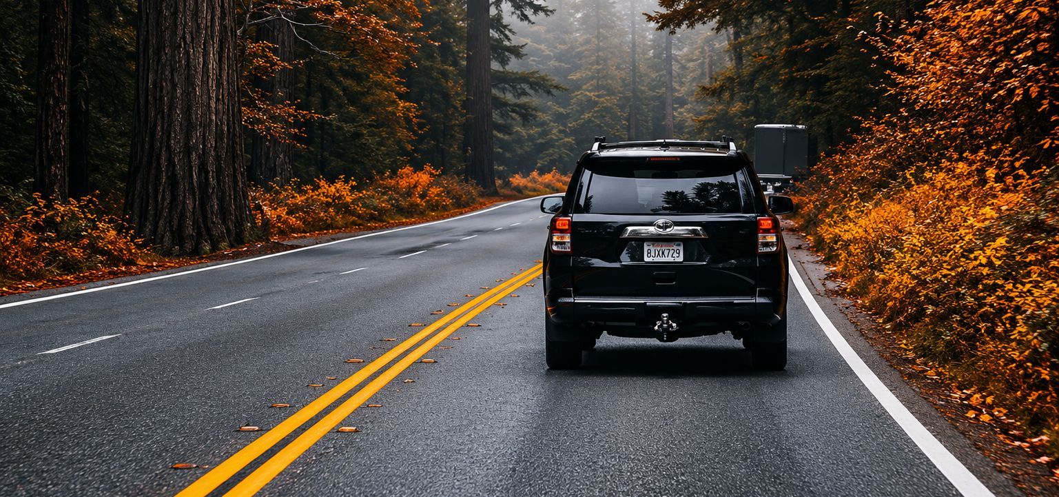 Black SUV driving on a wet forest road with autumn trees and double yellow lines