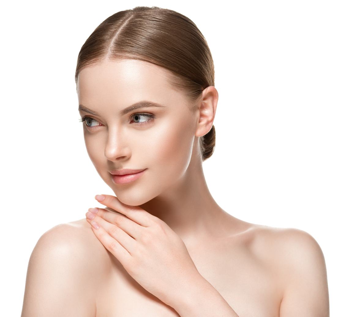 A close up of a woman 's face with her hand on her chin.