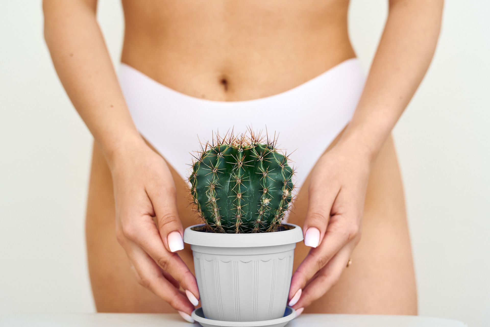 A woman is holding a potted cactus in front of her underwear.