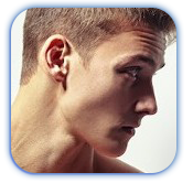 A close up of a man 's face with a white background.