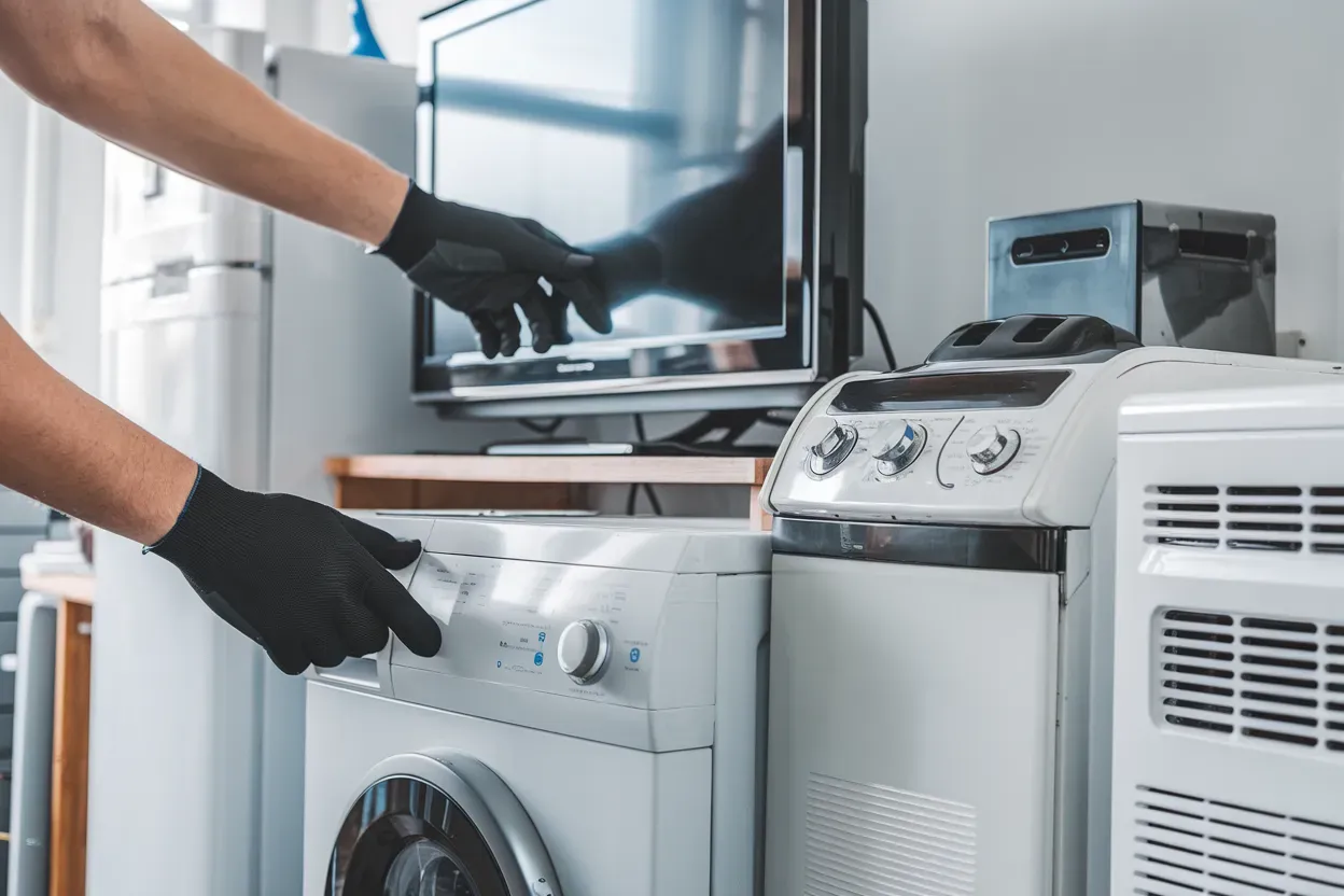 A person wearing black gloves is working on a washing machine.