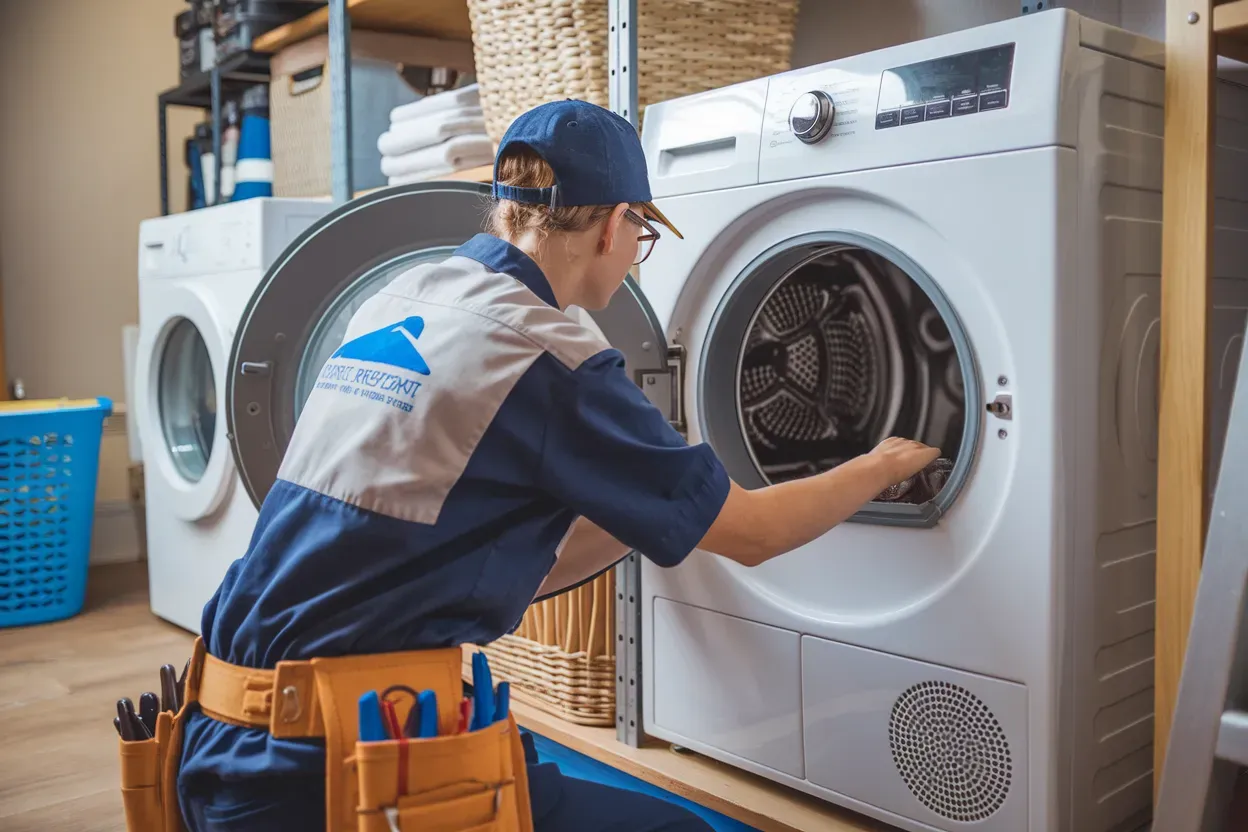 A wrench and screwdriver are sitting on top of a washing machine.