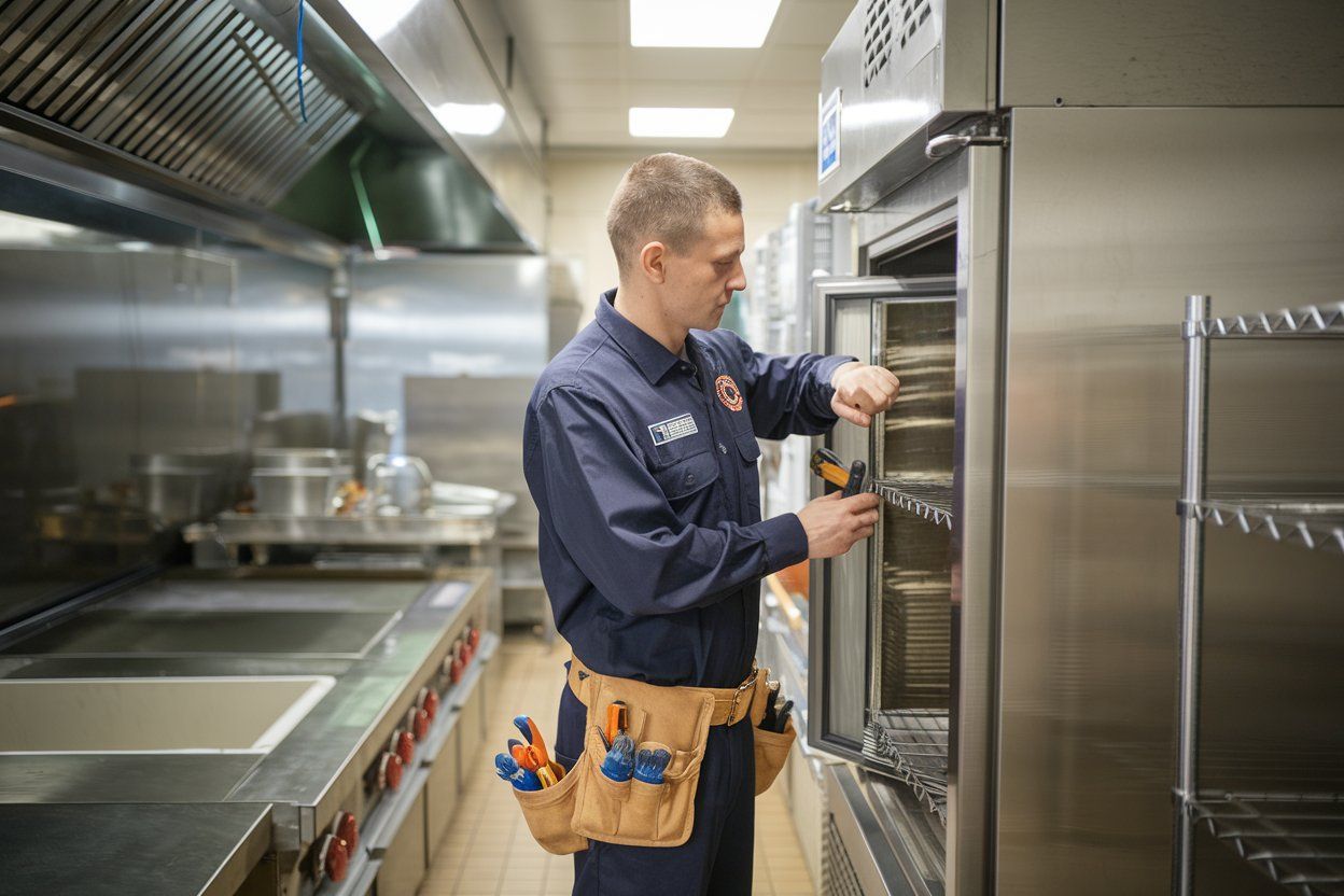 A man is working on a refrigerator in a kitchen.