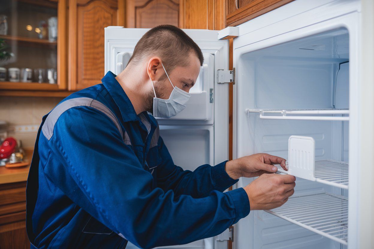 A man wearing a mask is fixing a refrigerator in a kitchen.