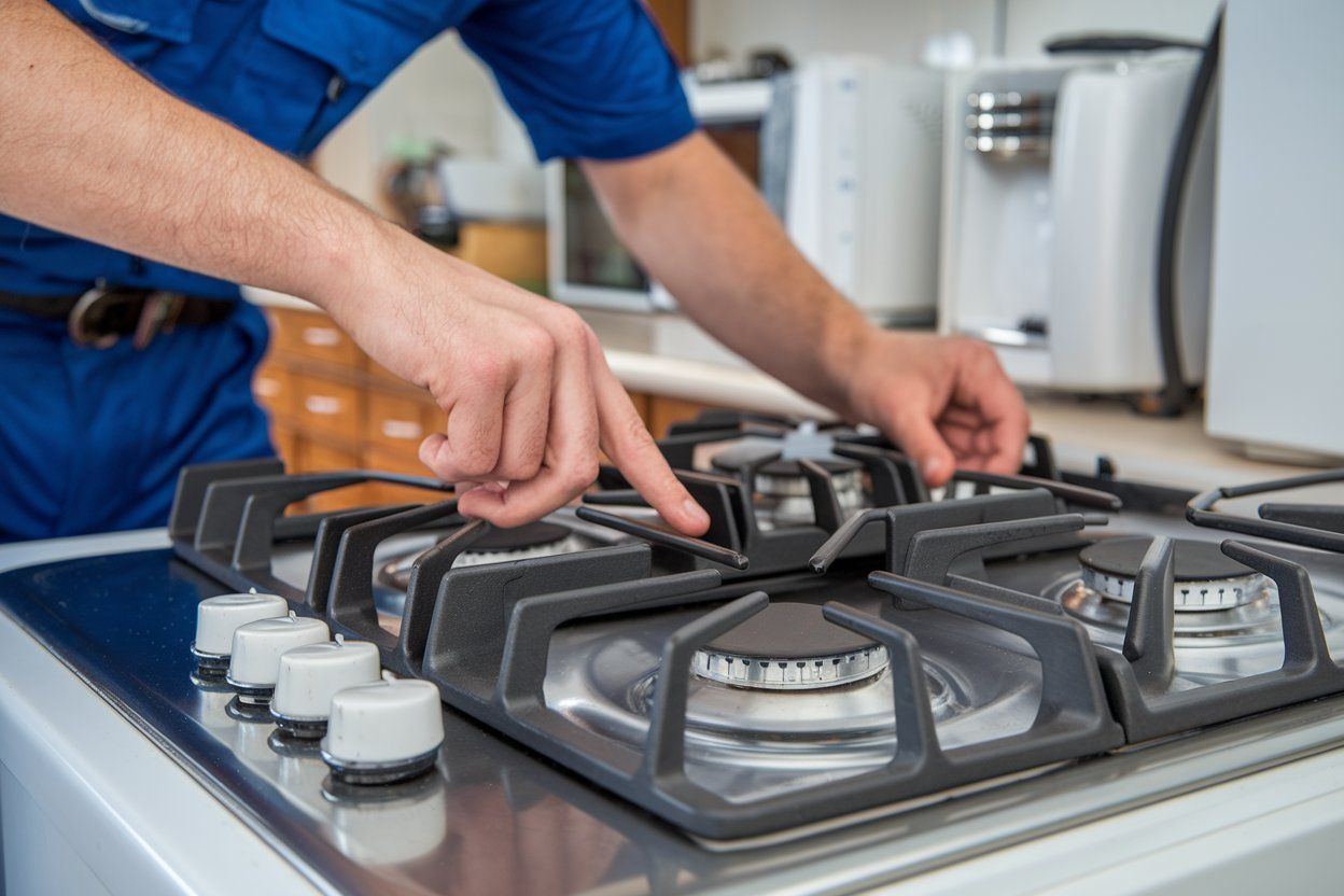 A man is fixing a gas stove in a kitchen.