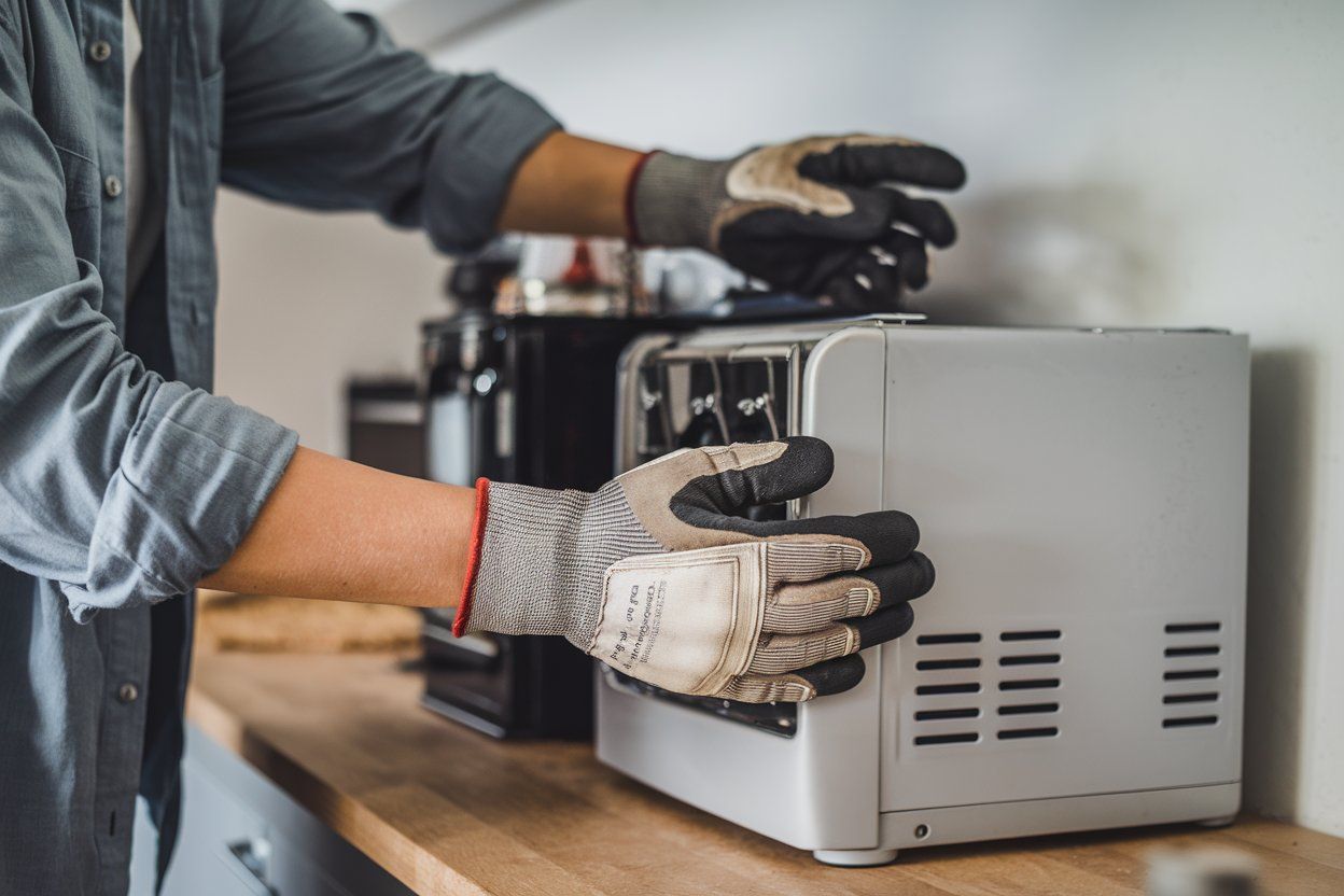 A man wearing gloves is opening a microwave oven.